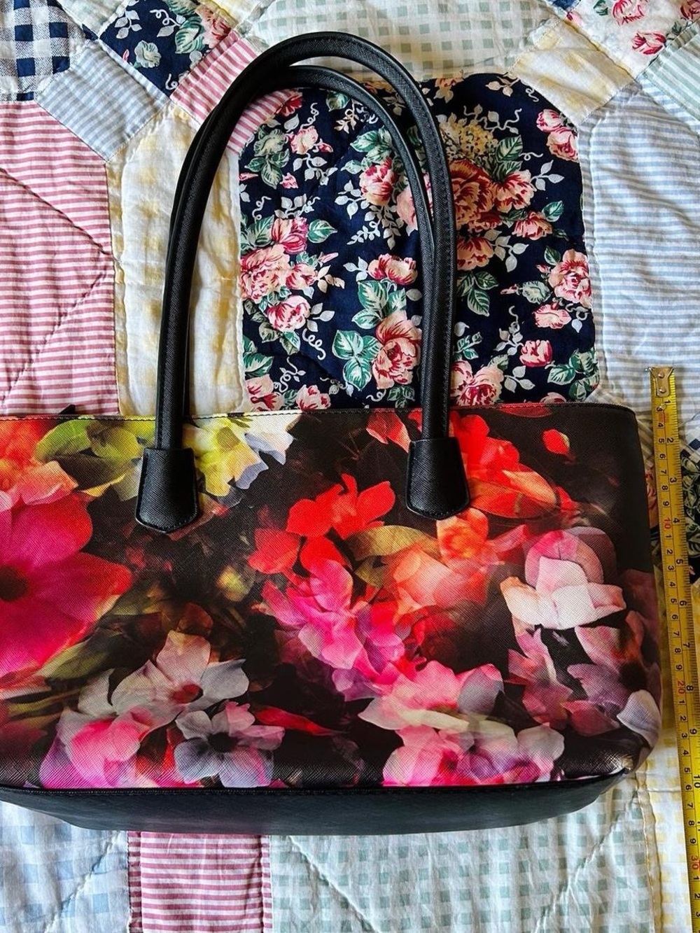 Floral Print Tote Bag with Black Handles - Pink/Red Floral - Picture 6 of 7